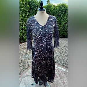 Komarov V-Neck 3/4 Sleeve Black Ditzy Floral Charmeuse Lace Midi Dress Size XL